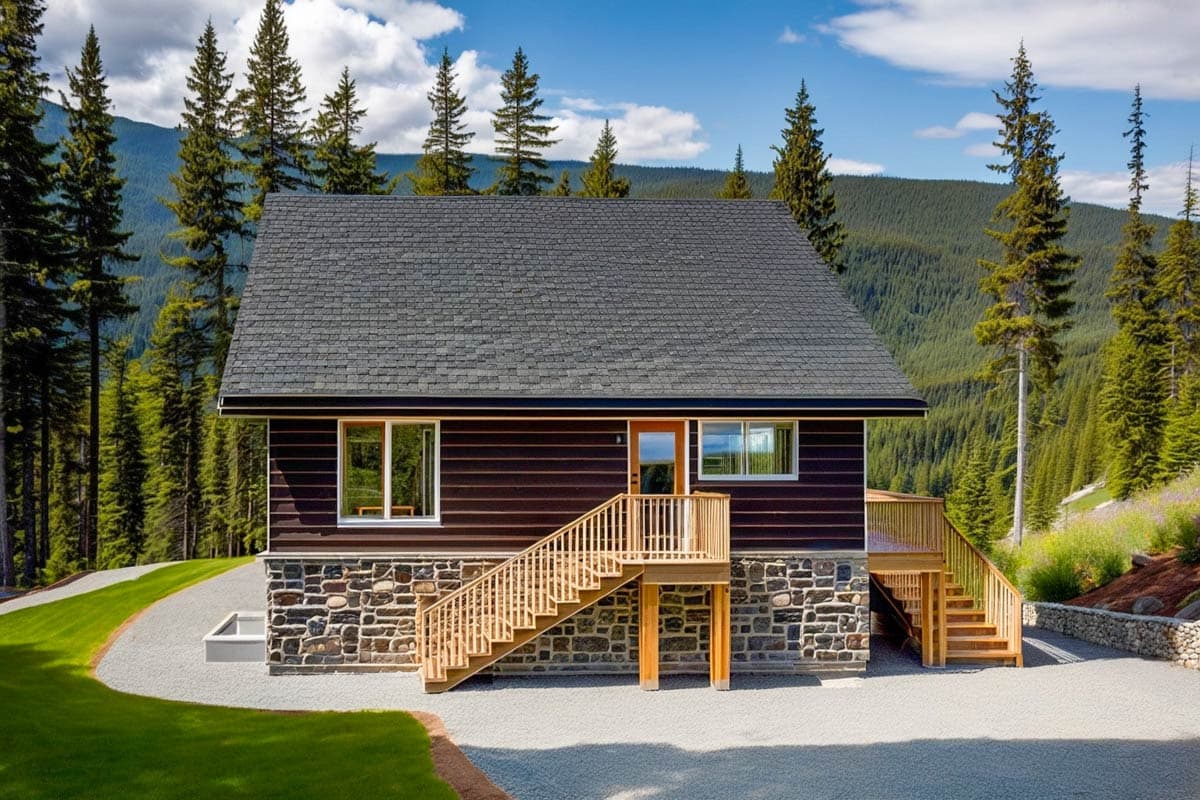House plan exterior of a two-story home with stone base, wood siding, prominent wooden staircase and deck.