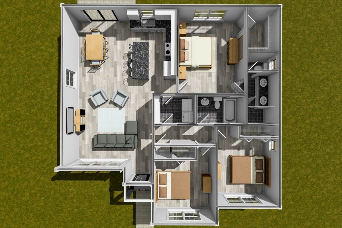 Plan 52445WM: Three-Bedroom Cottage House Plan with Vaulted Living Room - Image #7 - Cottage, Craftsman, Traditional