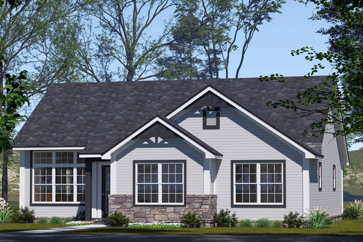 House plan exterior, single-story Modern Farmhouse with stone base, multiple gables, and decorative rafter tails.