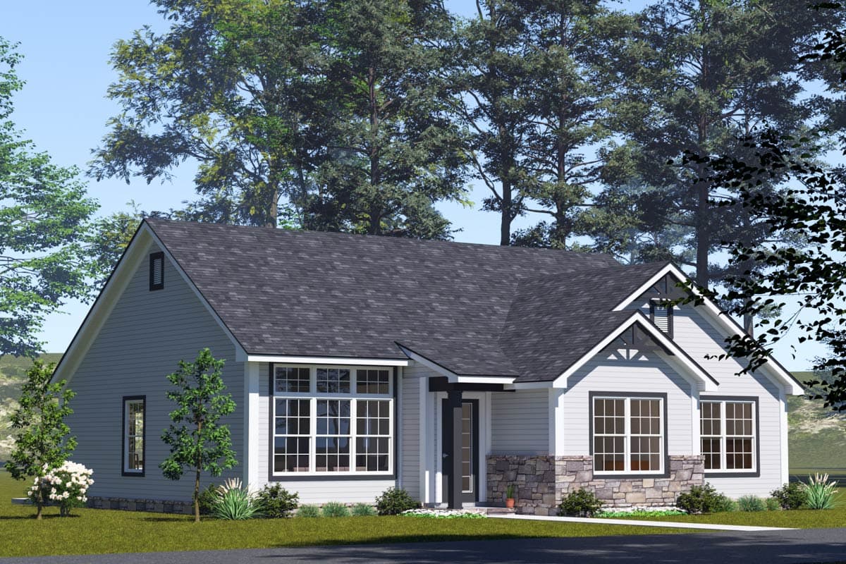 House plan exterior. Single-story Modern Farmhouse with stone base, large front windows, and gable dormer.