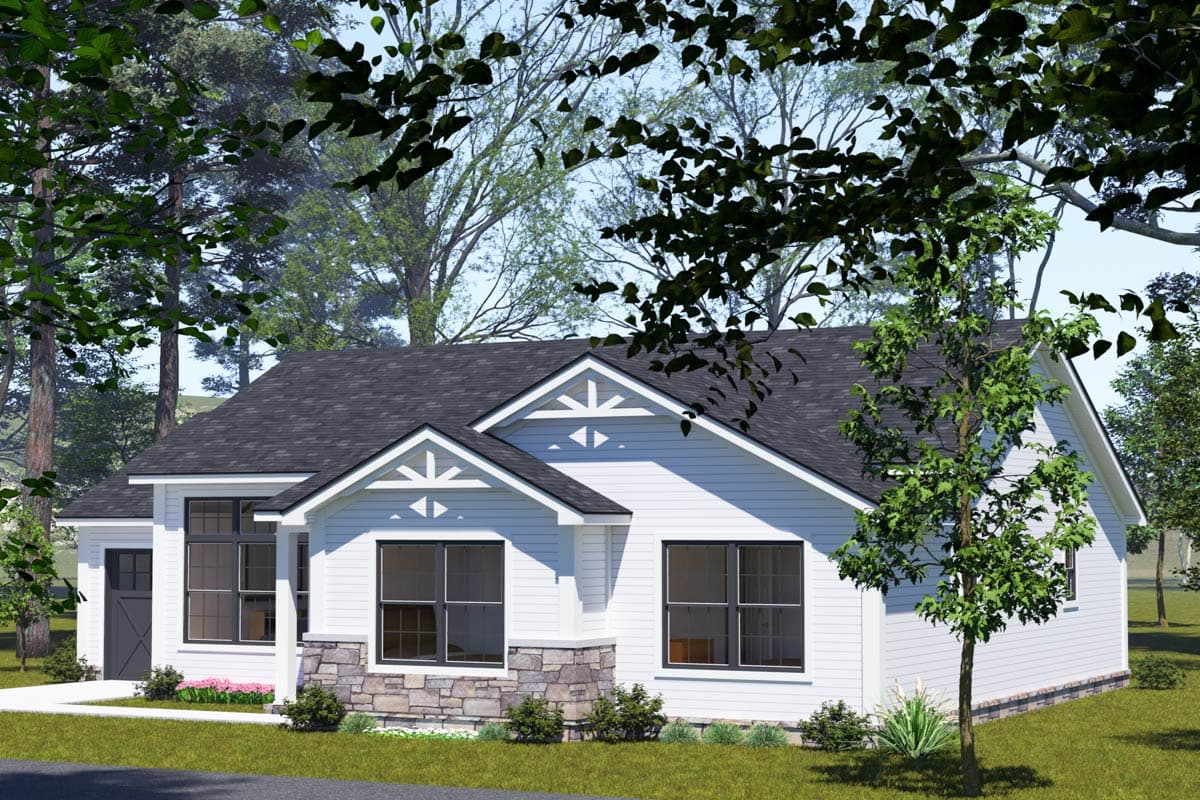House plan exterior: Single-story Modern Farmhouse with stone accents, gables, and a side-entry garage.