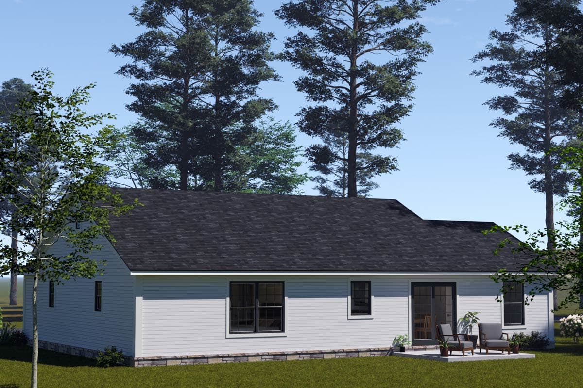 Ranch house plan exterior with a gable roof, horizontal siding, stone foundation, and a patio with two chairs.