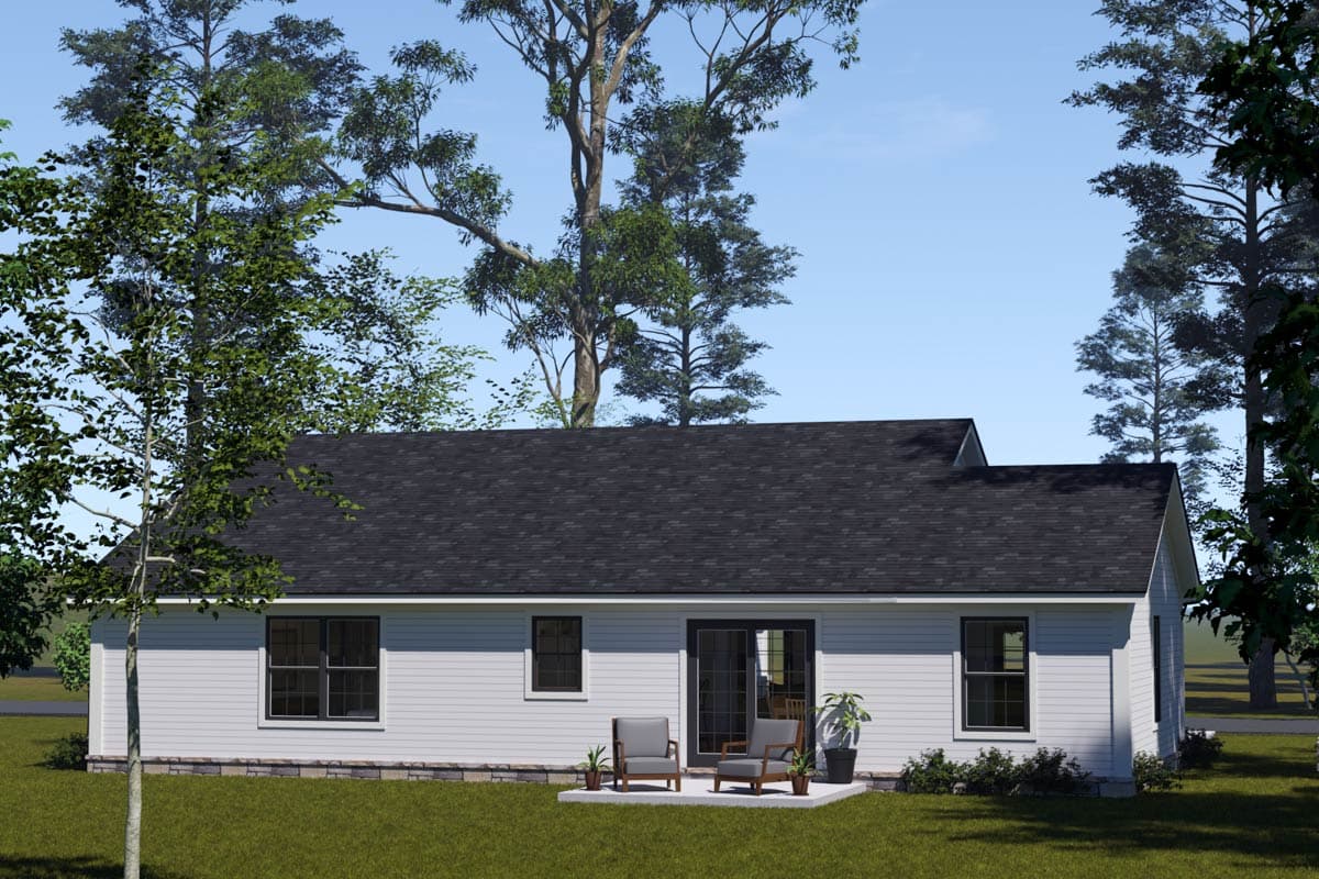 House plan exterior: single-story Modern Farmhouse with white siding, dark-trimmed windows, and a glass patio door.