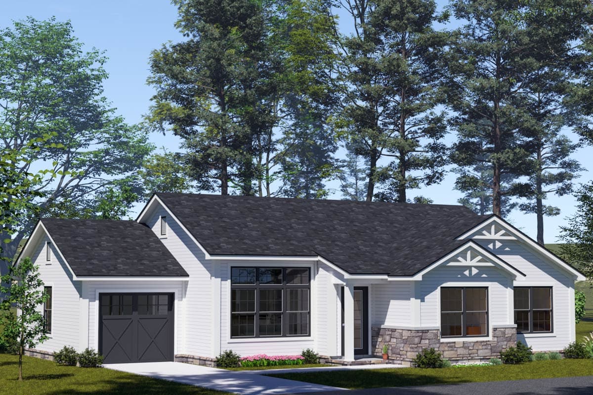 House plan exterior: Modern Farmhouse, one story, white siding, stone accents, gables, and attached garage.