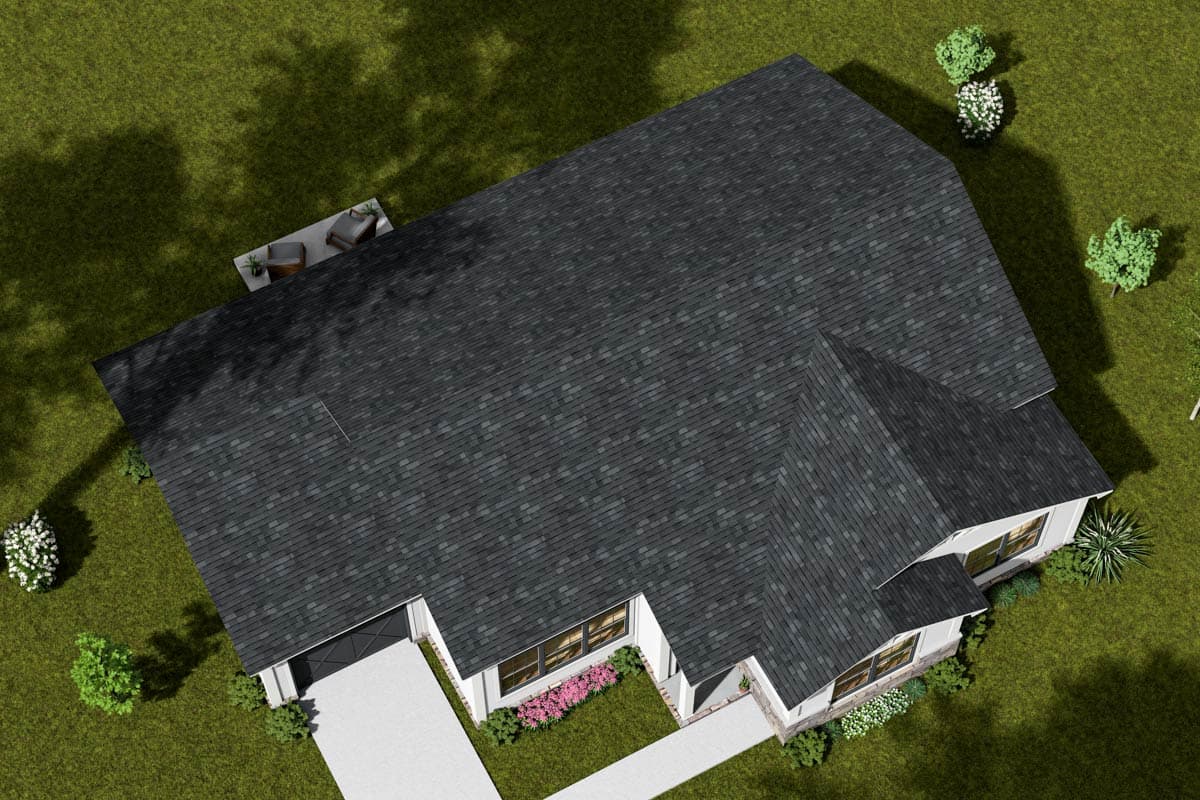 House plan exterior, single-story home with hip and gable rooflines, attached garage, and patio area.