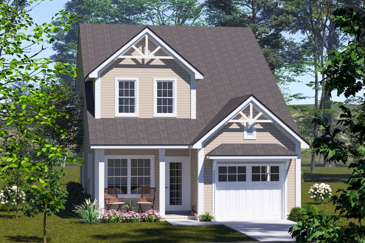 House plan exterior. Two-story Craftsman home with a gabled roof, a front porch, and a single-car garage with a gable above.