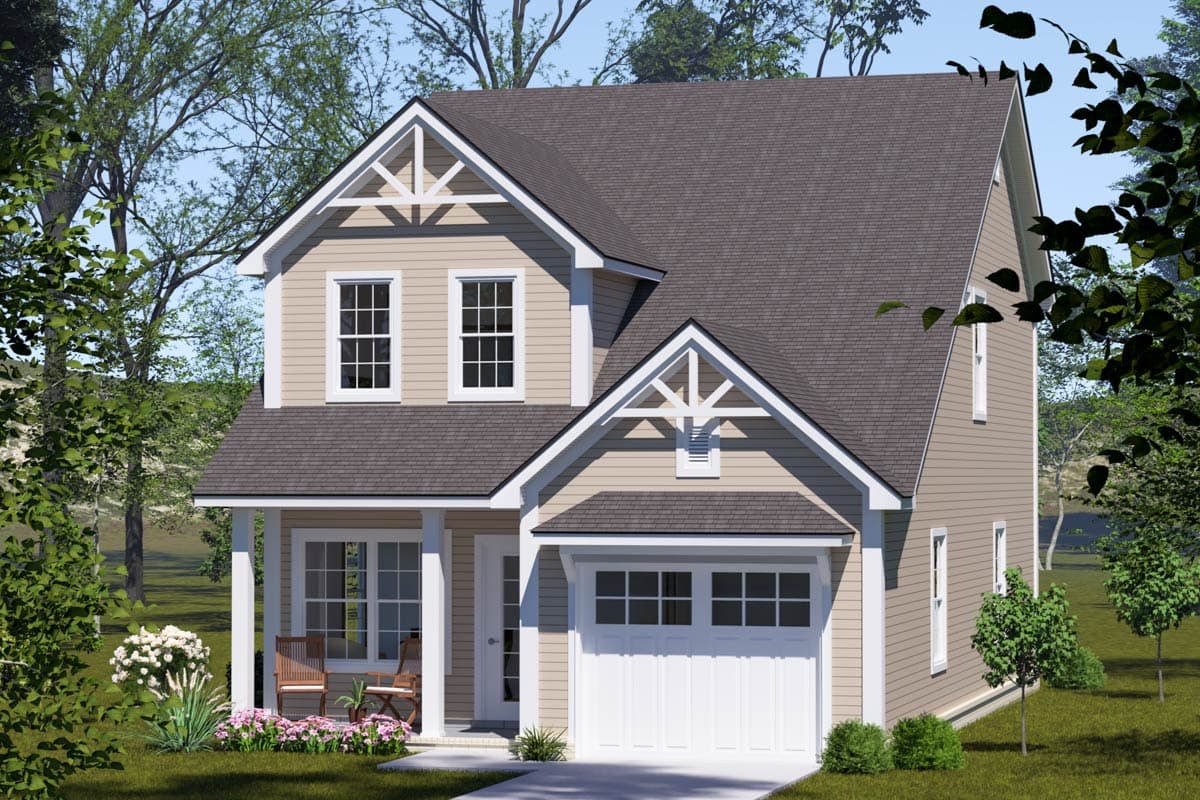 Two-story house plan exterior with a front-facing garage, covered porch, multiple gables with decorative rafter tails, and vinyl siding.