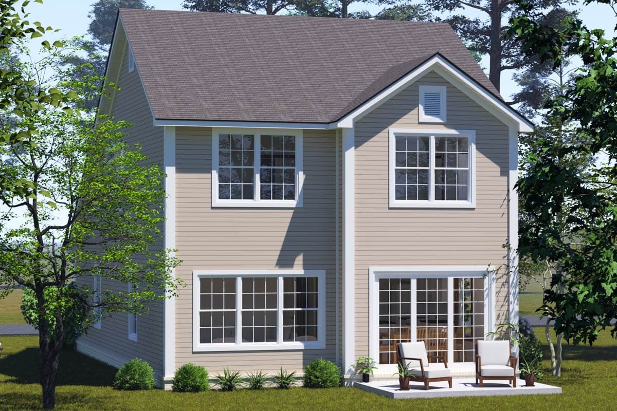 Two-story house plan exterior with a gable roof, beige siding, prominent corner trim, and multi-pane windows.