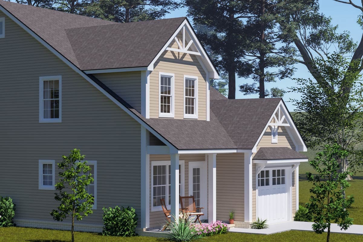 House plan exterior: Two-story Modern Farmhouse with gable dormers, front porch, and attached garage.
