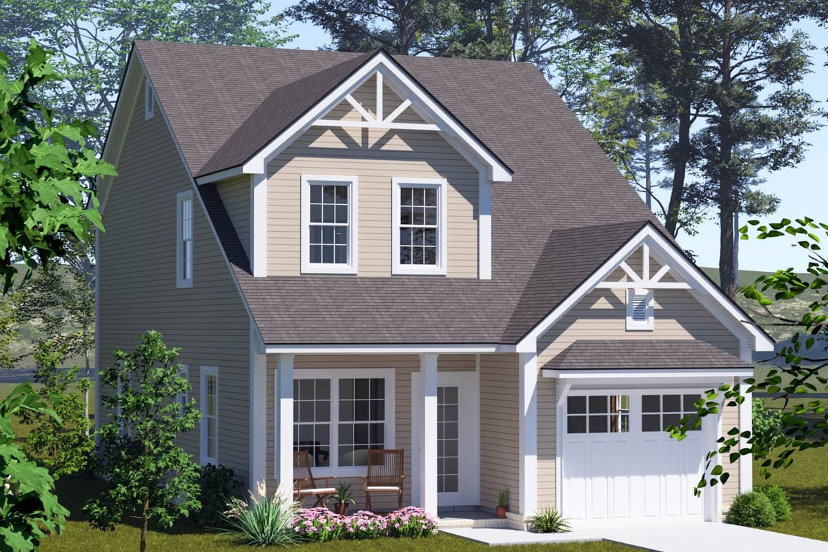 Two-story house plan exterior with a covered front porch, gable detailing, and an attached garage.