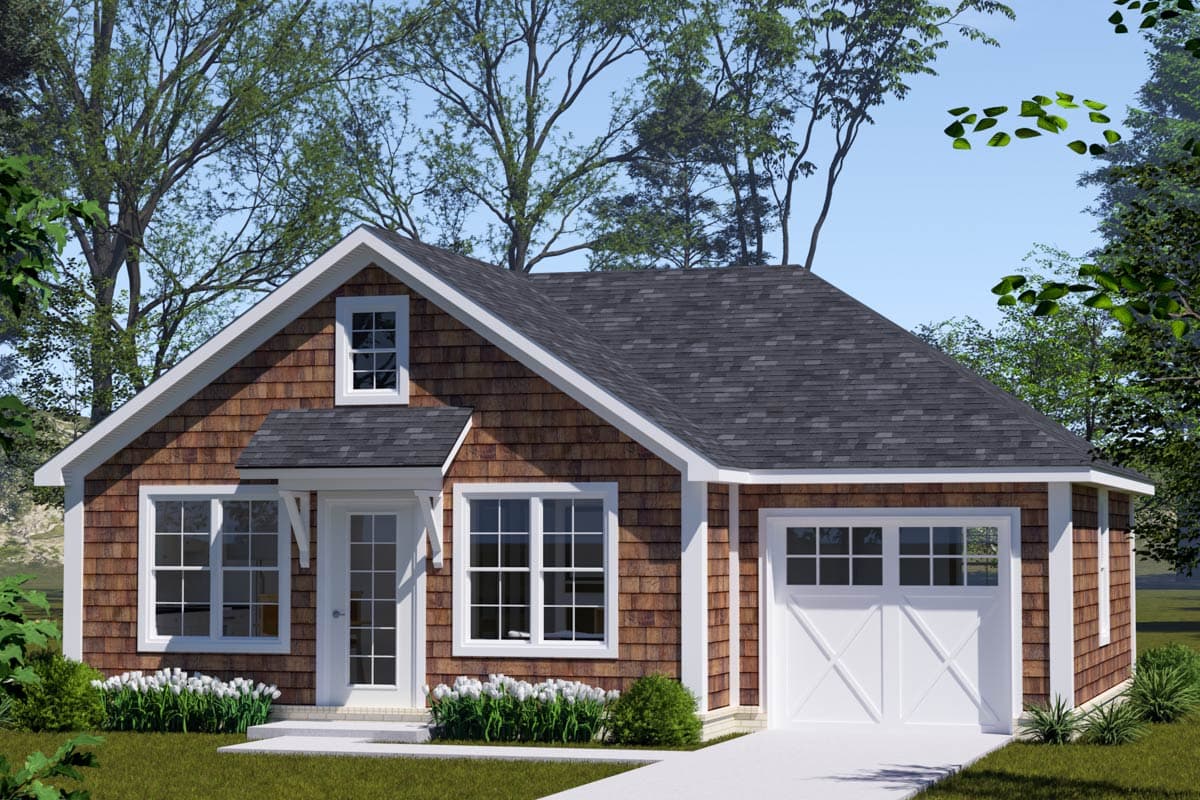 House plan exterior. Craftsman style with a single story, front-facing gable, dormer, and attached garage. Brown shake siding and white trim.