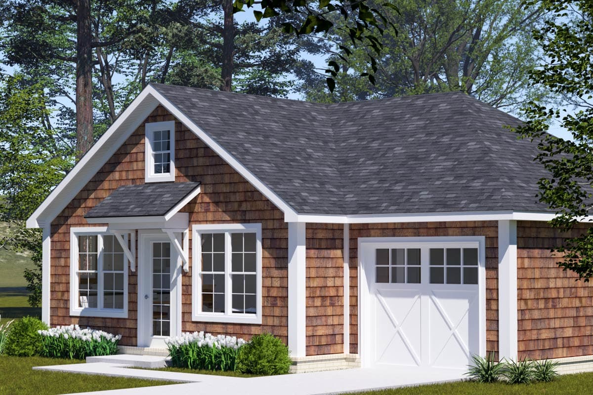 House plan exterior: Traditional style, one story, wood shingle siding, gable dormer over entrance, and a single-car garage.