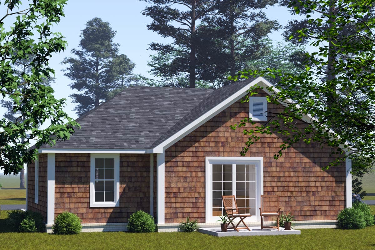 House plan exterior: One-story home with shingle siding, gable roof, and sliding glass door.