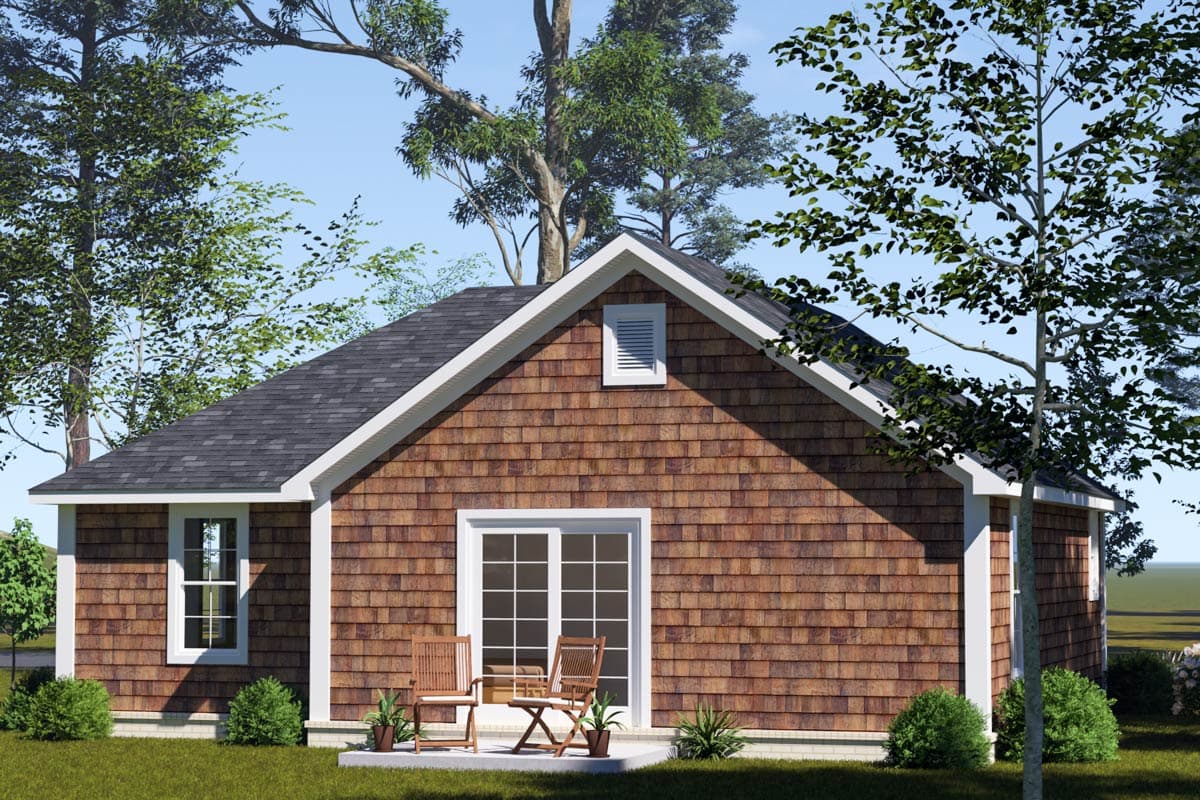 House plan exterior with wood shingle siding, gabled roof, one story, and double doors with side windows.