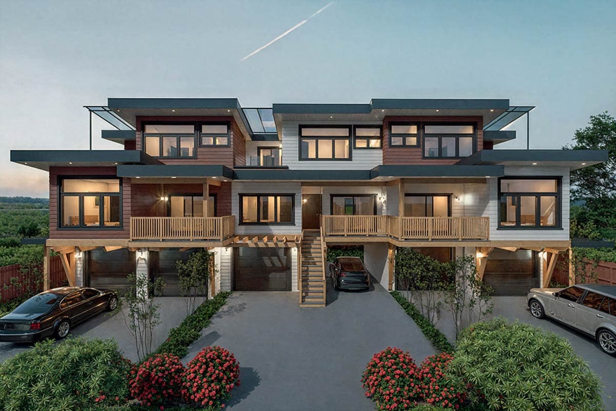 House plan exterior. Modern style, two stories. Features include balconies, flat roof, and an open carport with integrated stairs.