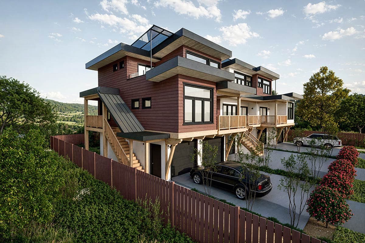 Modern house plan exterior with multiple levels, cantilevered sections, wood siding, decks, and integrated garages.