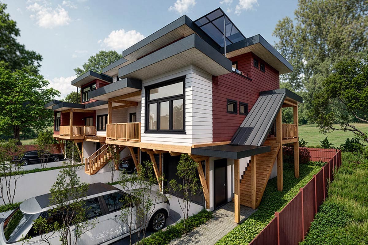 Modern house plan exterior with cantilevers, wooden balconies, extensive glass, and multi-level rooflines.