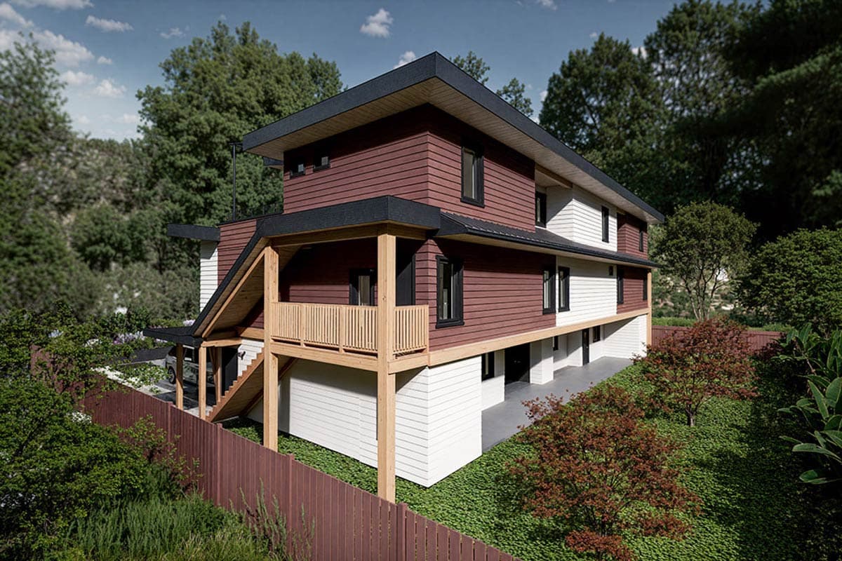 Modern two-story house plan exterior with stacked horizontal siding, cantilevers, and elevated deck with wood railing.