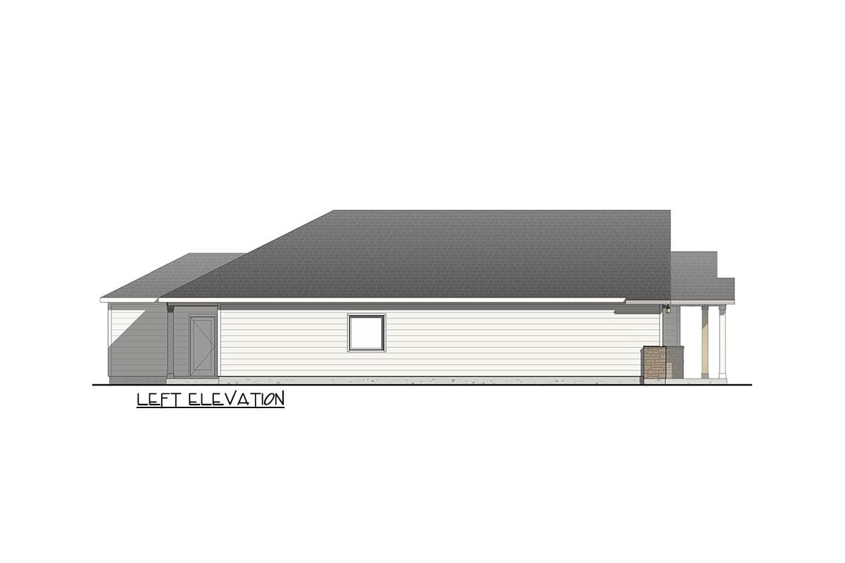 Left elevation drawing of a one-story house plan with a prominent gable roof, horizontal siding, and a covered porch with columns.