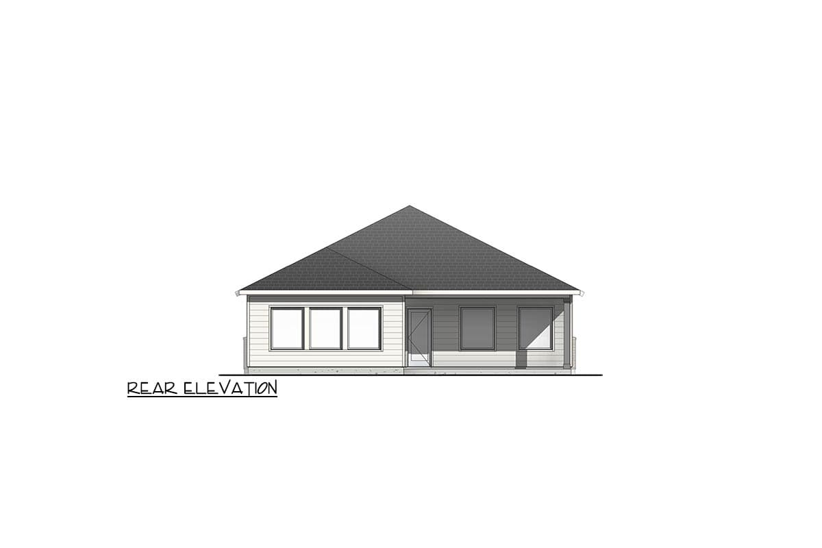 Rear elevation drawing of a single-story house with a hip roof, horizontal siding, and multiple windows.