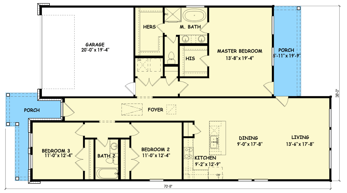 Plan 100355GHR: Single-Story Ranch House Plan with Split Bedrooms - Floor Plan - Main Level - Country, New American, Ranch, Traditional