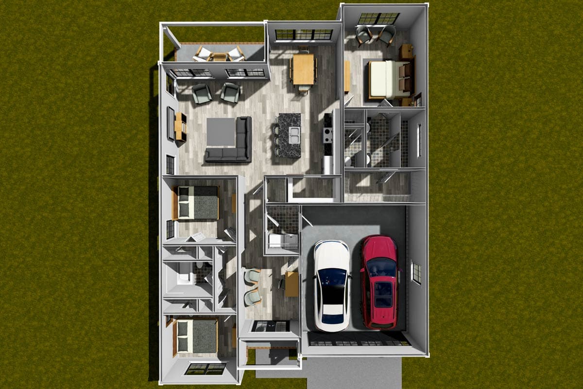 Floor plan rendering showing living room, kitchen with island, dining area, three bedrooms, two baths, and a two-car garage.