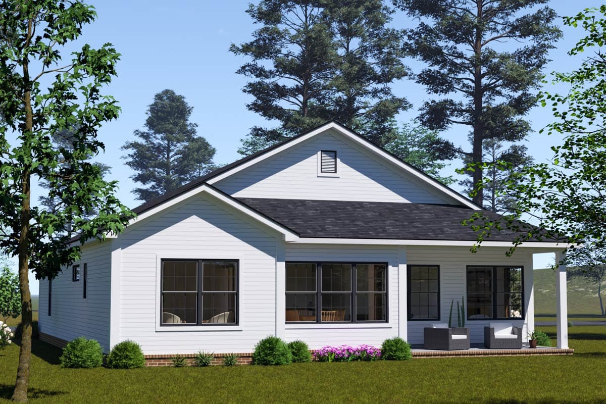 Modern Farmhouse style house plan exterior, one story, with wide lap siding, gable roof, and covered porch.