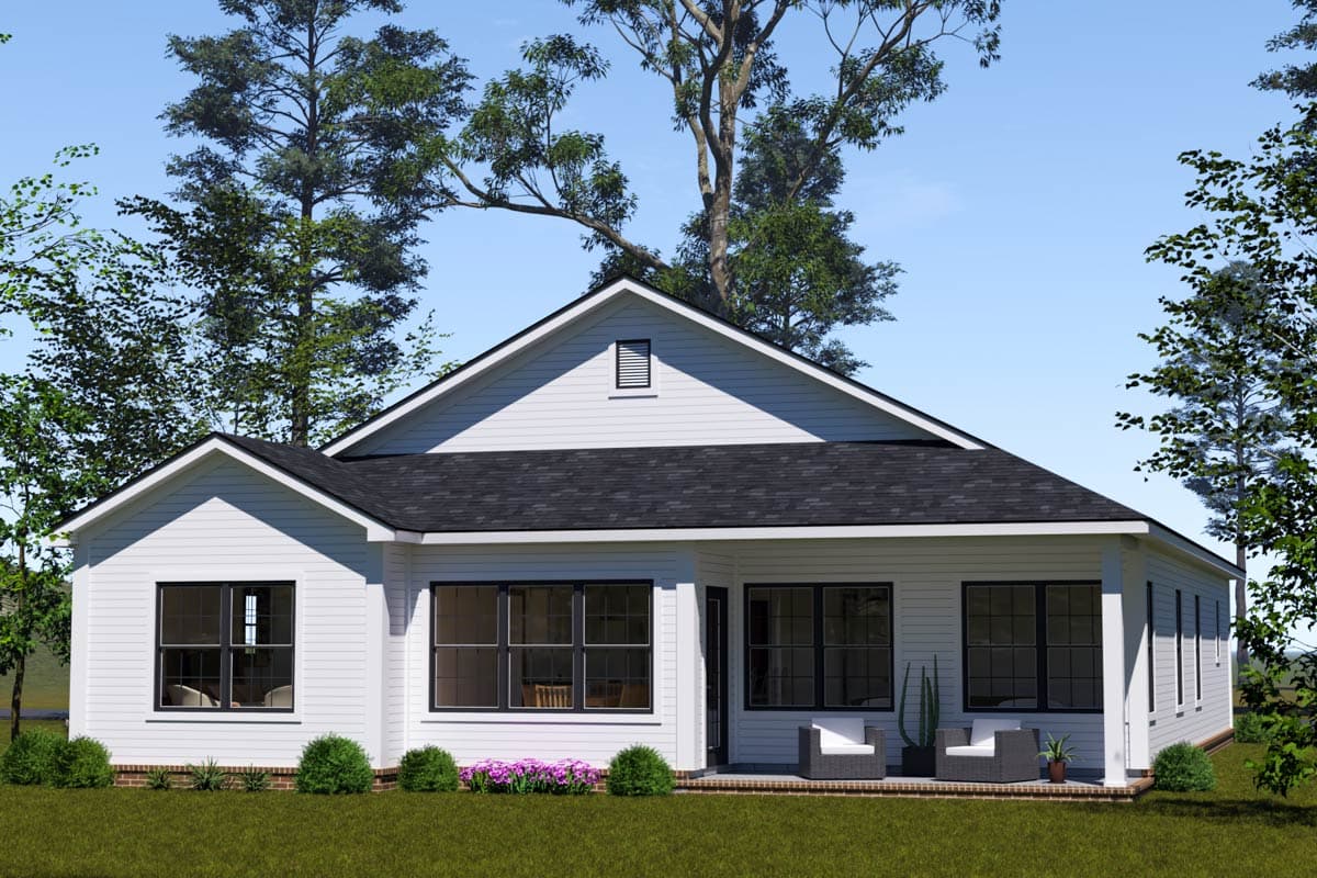 House plan exterior: Single-story Modern Farmhouse with gabled roof, large windows, and covered porch.