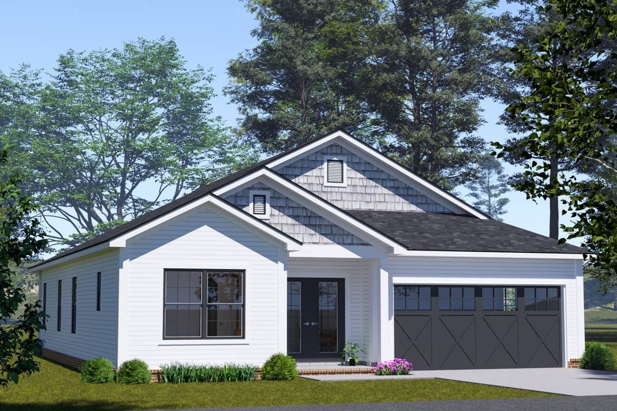 House plan exterior: Ranch style, white siding, gray shingle gables, dormers, double entry doors, and attached garage.