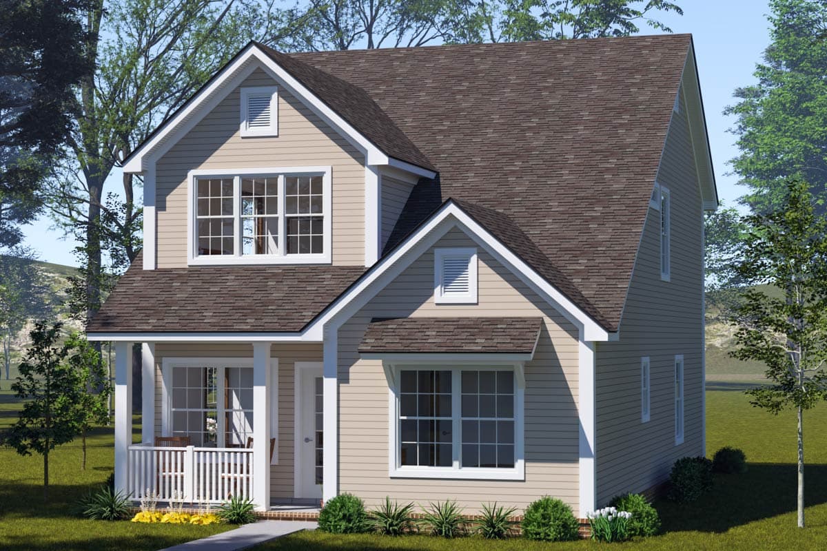 House plan exterior. Two-story, Craftsman-style home with gable roof, front porch with columns, and multiple dormers.