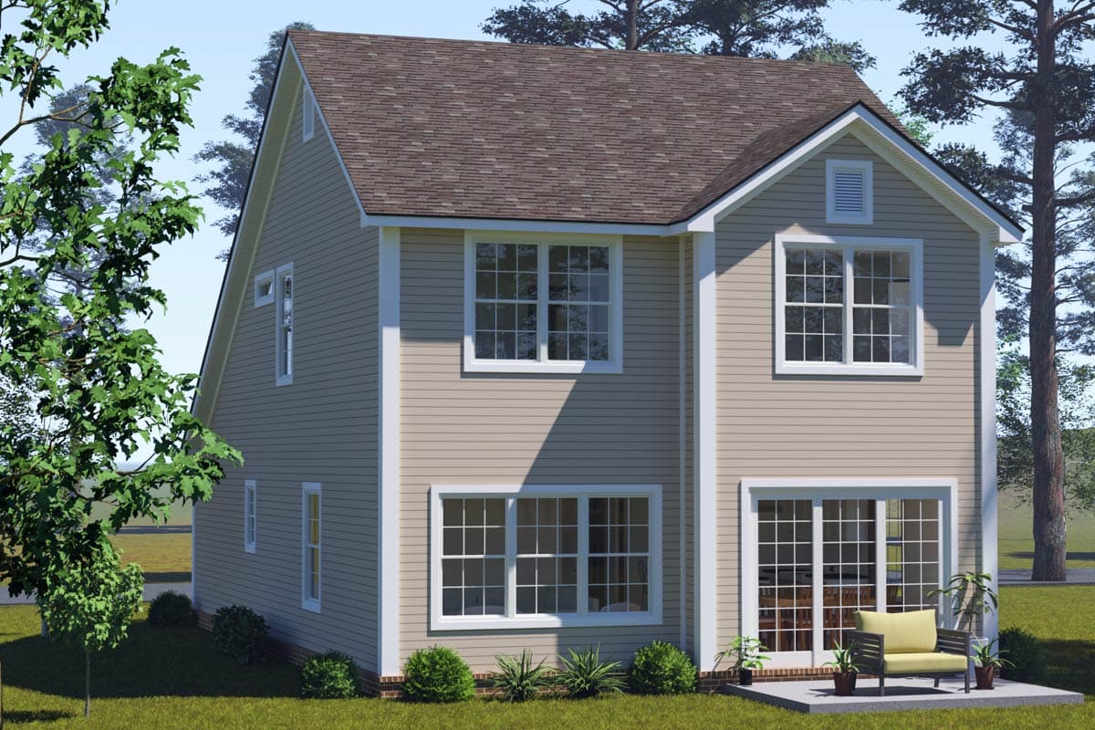 House plan exterior: two-story with gabled roof, multiple windows, and sliding glass doors to patio.