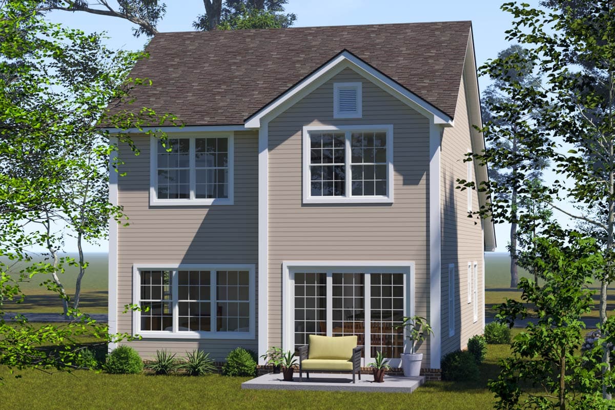 House plan exterior rendering of a two-story home with horizontal siding, gable roof, and grid-pane windows.
