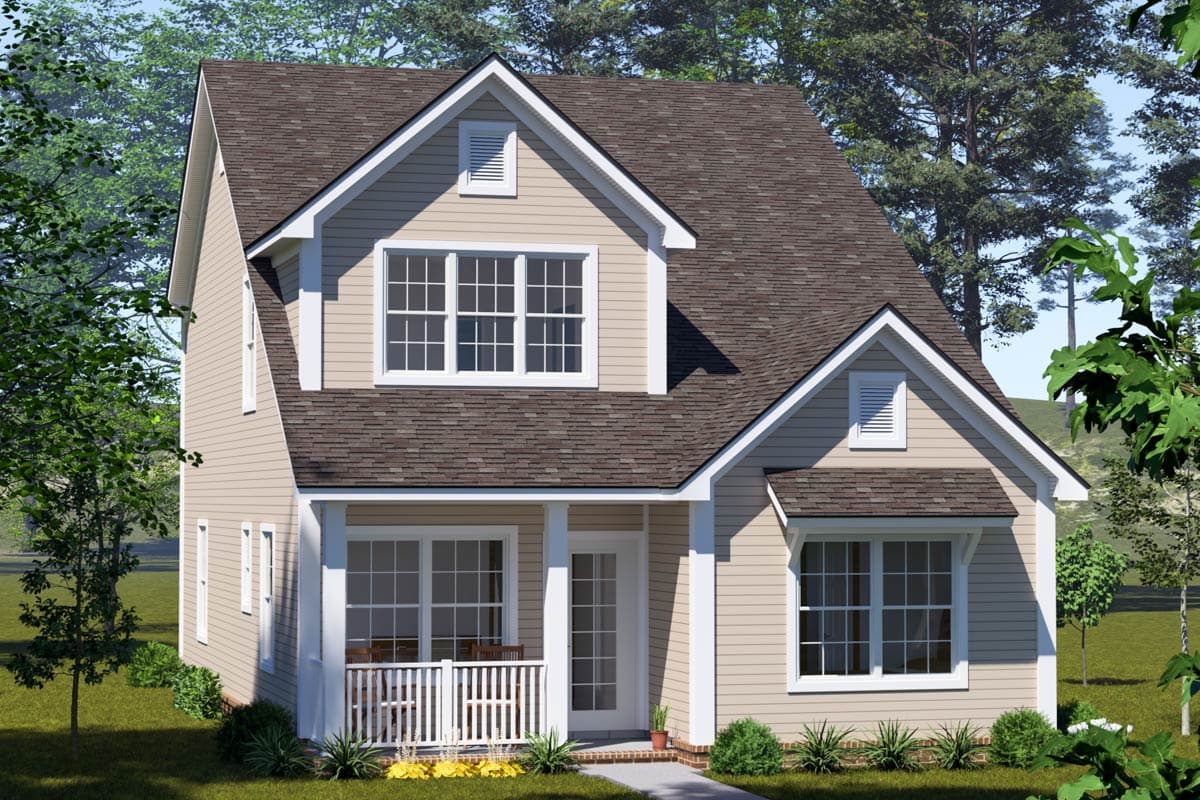 Two-story house plan exterior with a front porch, multiple gables, and varied window arrangements.