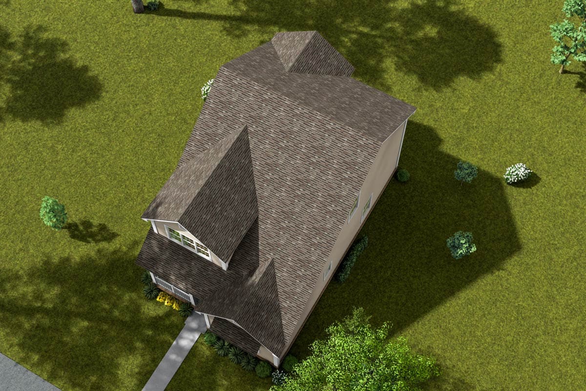 House plan exterior: Two-story house with multiple gables, a prominent front gable with dormer window, and a covered front porch.