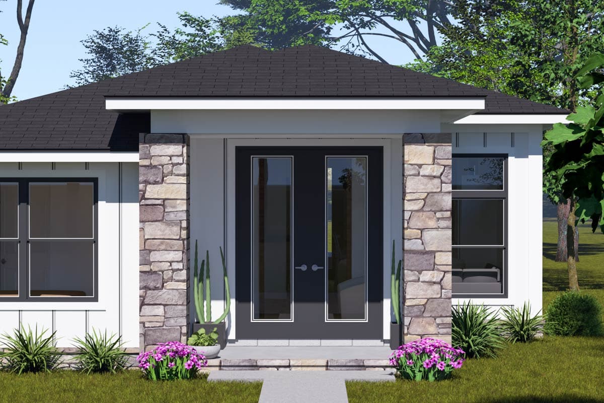 House plan exterior: Modern Farmhouse style with stone accents, double entry doors, and dark frame windows.