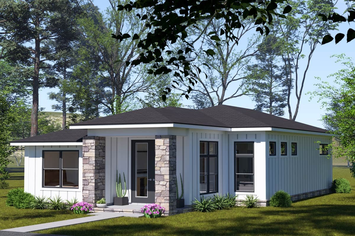 Modern ranch house plan exterior with stone accents on entrance, board-and-batten siding, and low-pitch roof.