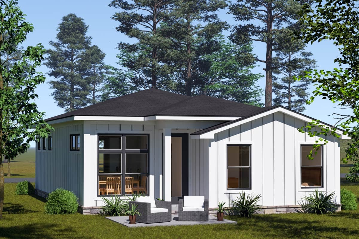 House plan exterior: Modern style, single-story, white board-and-batten siding, gabled roof, large windows.