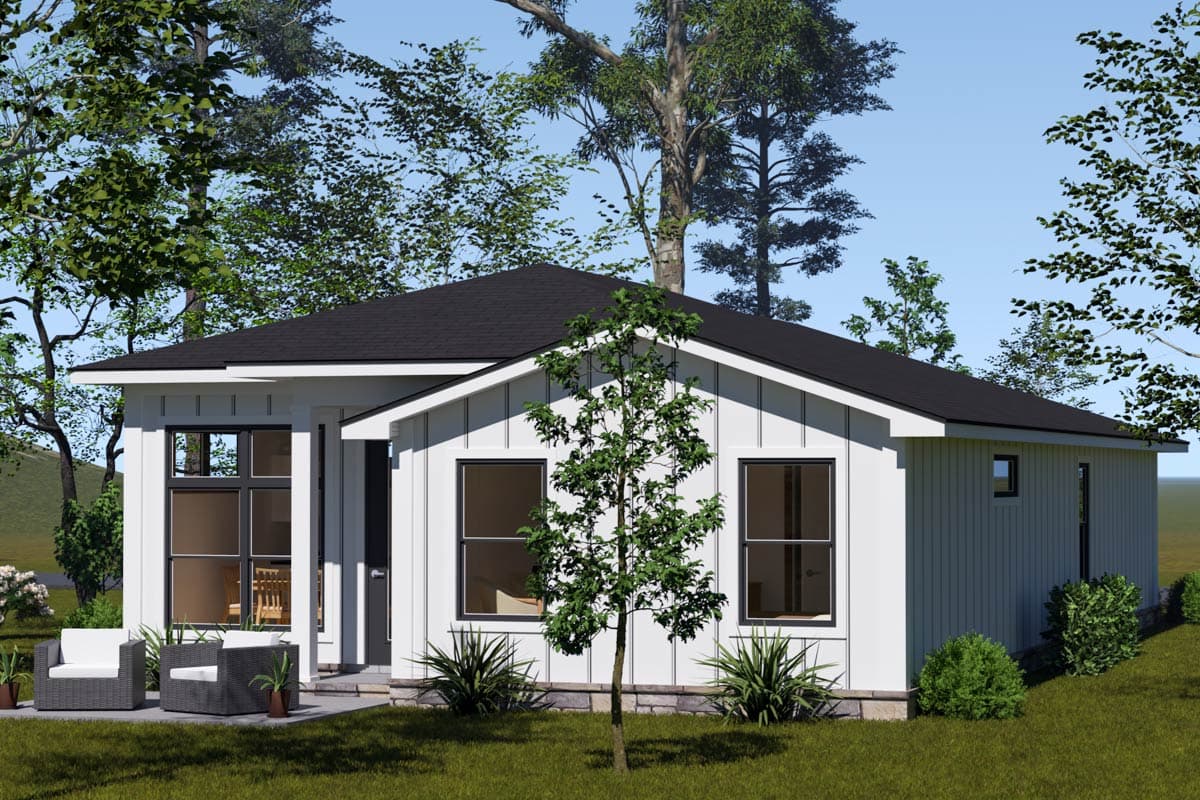 House plan exterior: Modern style single-story home with board and batten siding, a dark gable roof, and large windows.