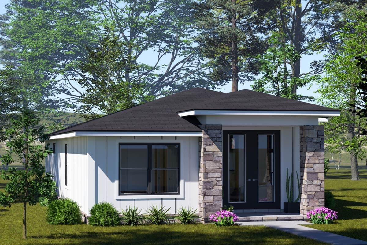 House plan exterior: Modern single-story home with board-and-batten siding, stone-accented entrance, and double glass doors.