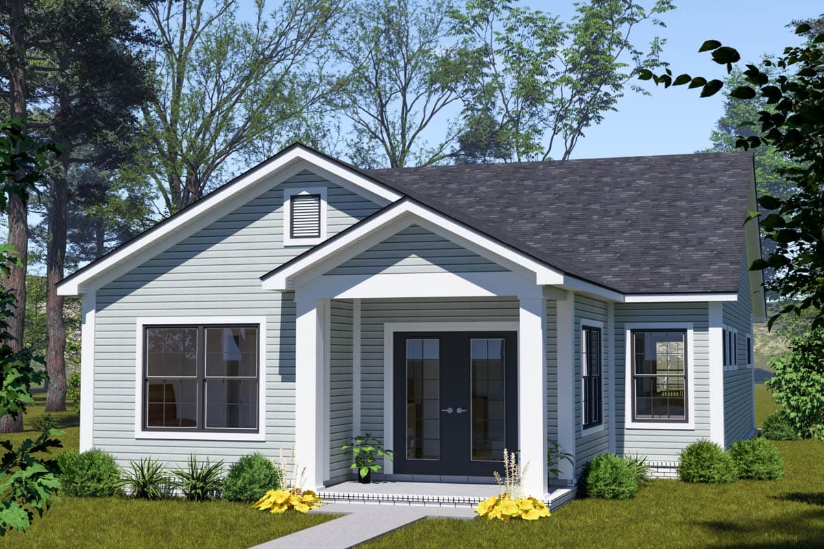 House plan exterior rendering. One-story Craftsman style home with front porch, gable roof, and transom window detail.