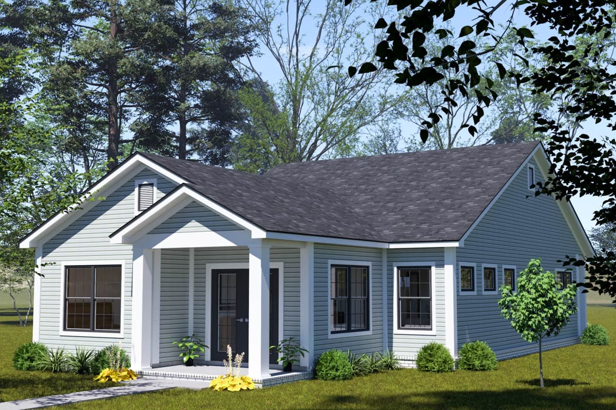 House plan exterior: one-story home with a covered front porch, gabled roof, and vinyl siding.