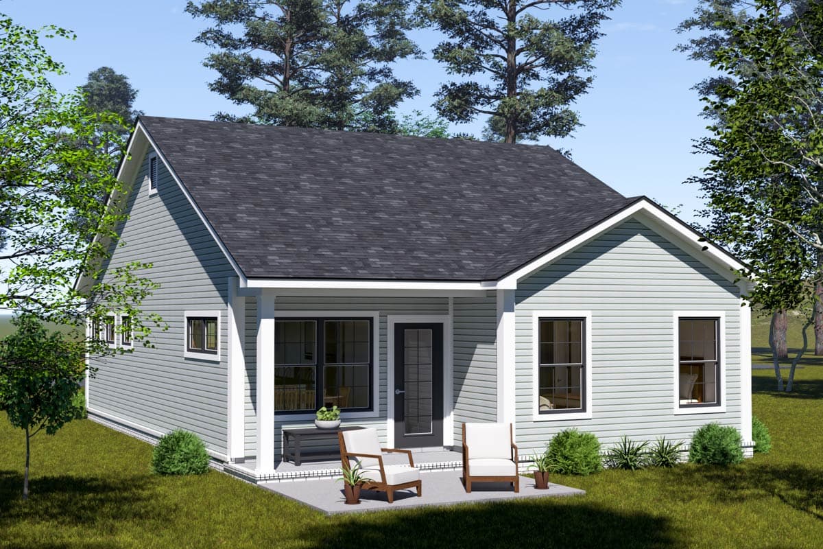 House plan exterior: One-story modern farmhouse style with a gable roof, covered front porch with two columns, and horizontal siding.