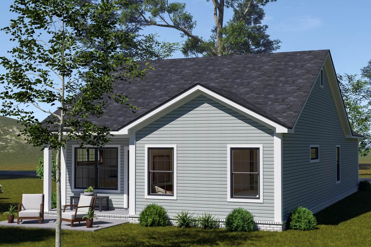 House plan exterior: one-story residence with gable roof, siding, front porch, and multiple windows.
