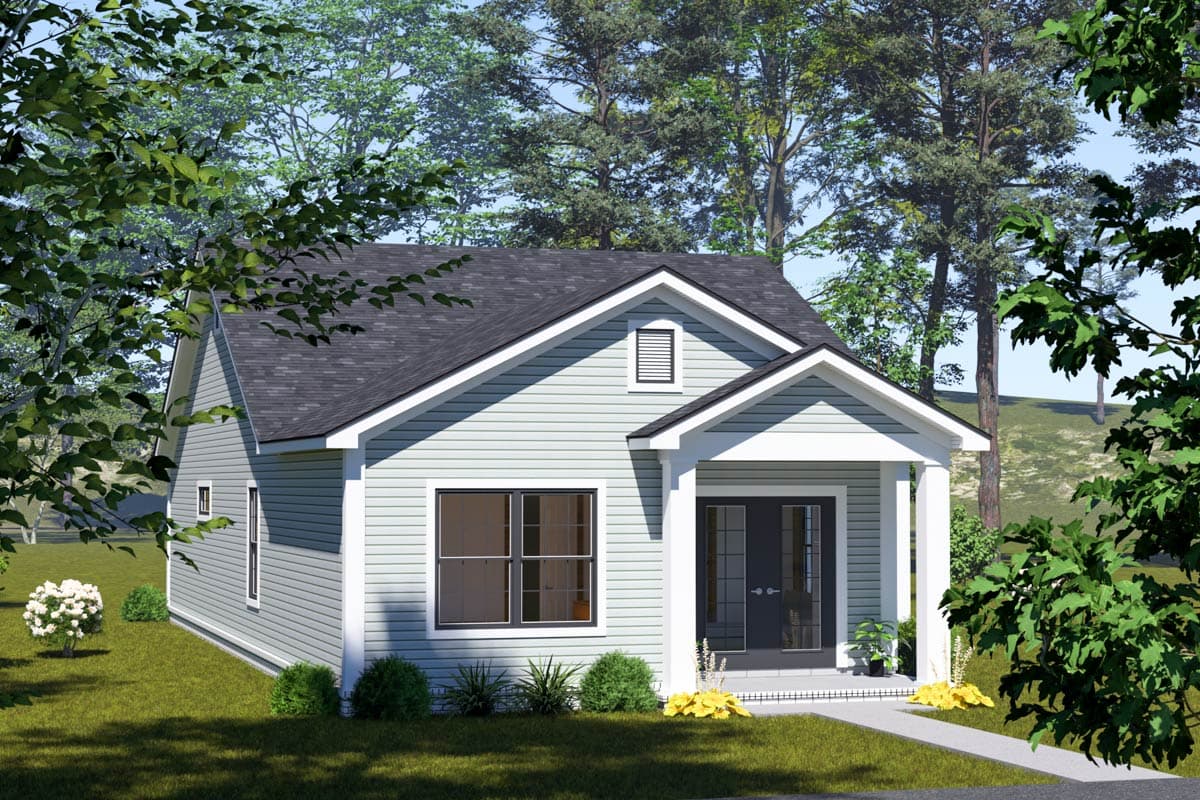 One-story house plan exterior with a gable roof, prominent front porch with white columns, and double entry doors.