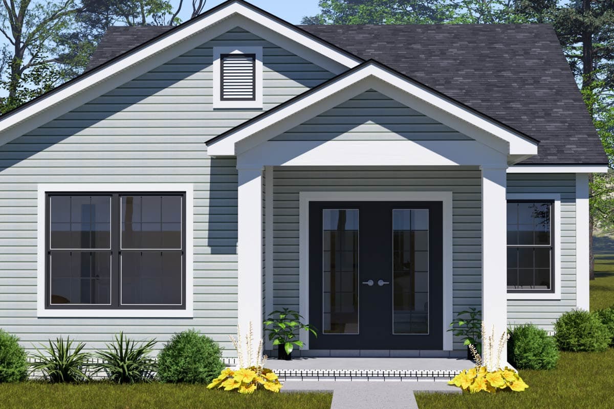 House plan exterior with siding, gabled roof, dormer vent, and double front doors.