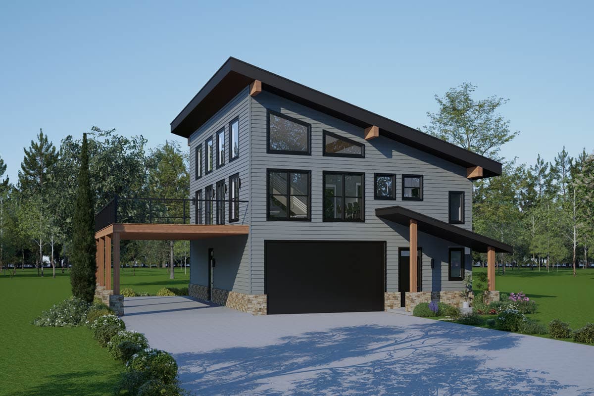 House plan exterior with two stories. Modern style with angled roof, cantilevered balcony, and attached garage. Exterior features horizontal siding.