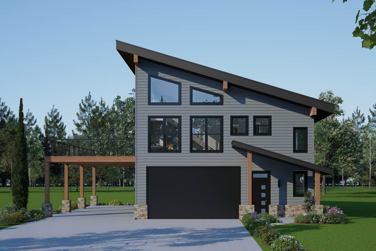 Modern house plan exterior with a prominent asymmetrical roof, large windows, and a two-car garage.