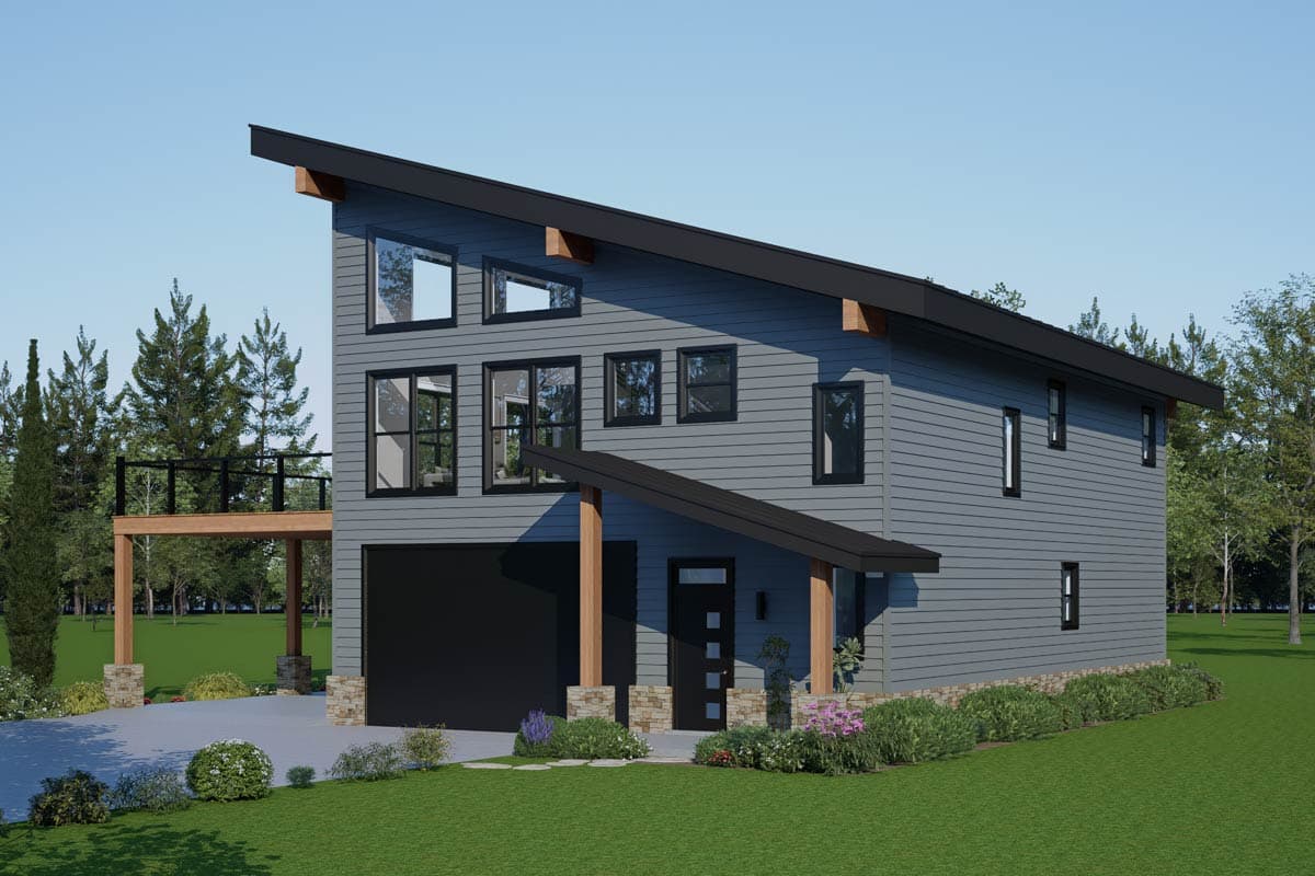 Modern house plan exterior with a steep, asymmetrical roofline, stone foundation, cantilevered deck, and a two-story garage.