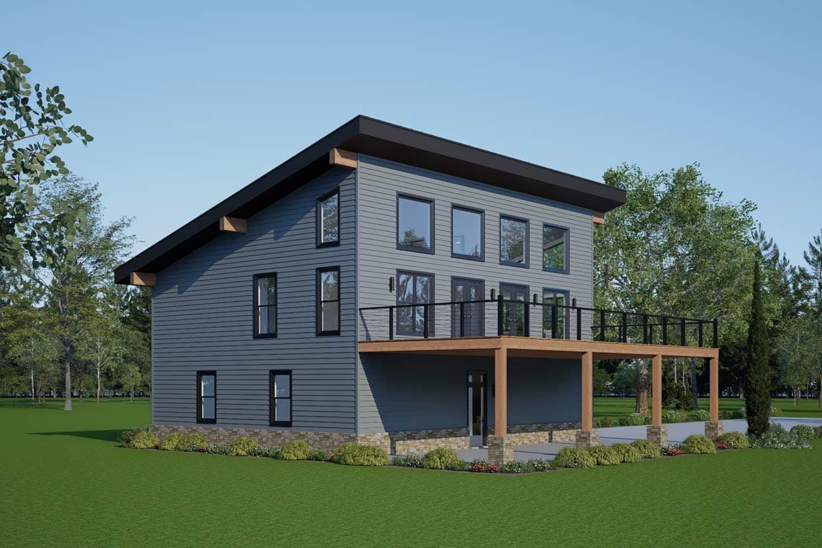 Modern house plan exterior, two stories, with a shed roof, large windows, and a wrap-around deck.