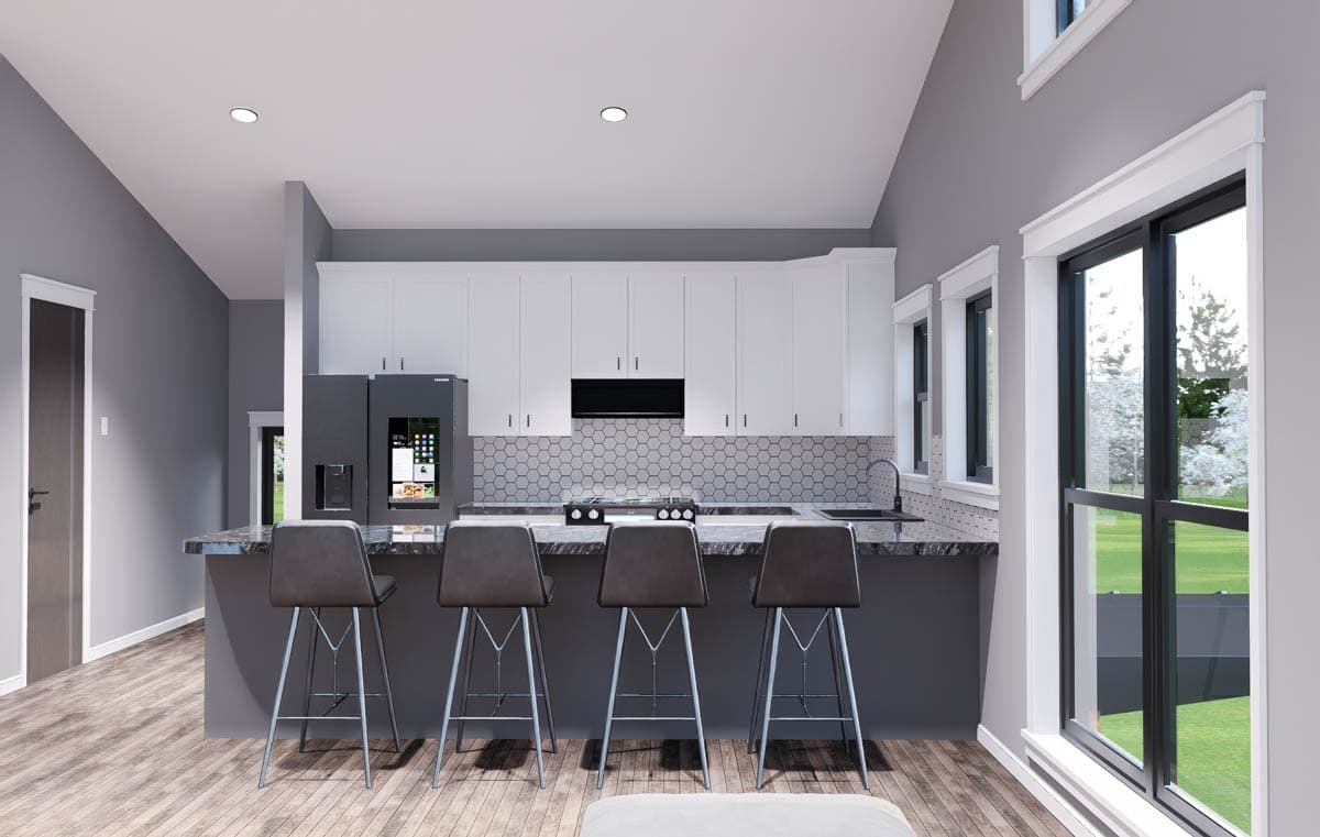 Kitchen with vaulted ceiling, island bar with seating, white cabinetry, hexagon tile backsplash, and large windows.